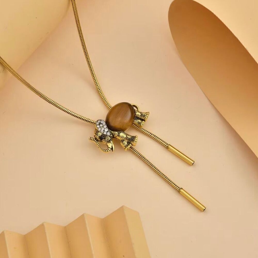 Yellow Tiger's Eye Black and White Austrian Crystal Lariat Adjustable Necklace